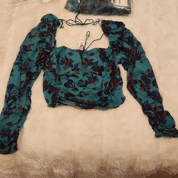 Free People Hilary Printed Top in green combo size S New With Tag - Picture 11 of 12